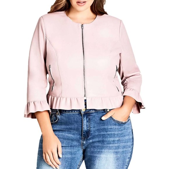 City Chic Jackets & Blazers - City Chic Ruffled Crop Faux-Leather Jacket Full Zipper Rose Water Mauve Small 16
